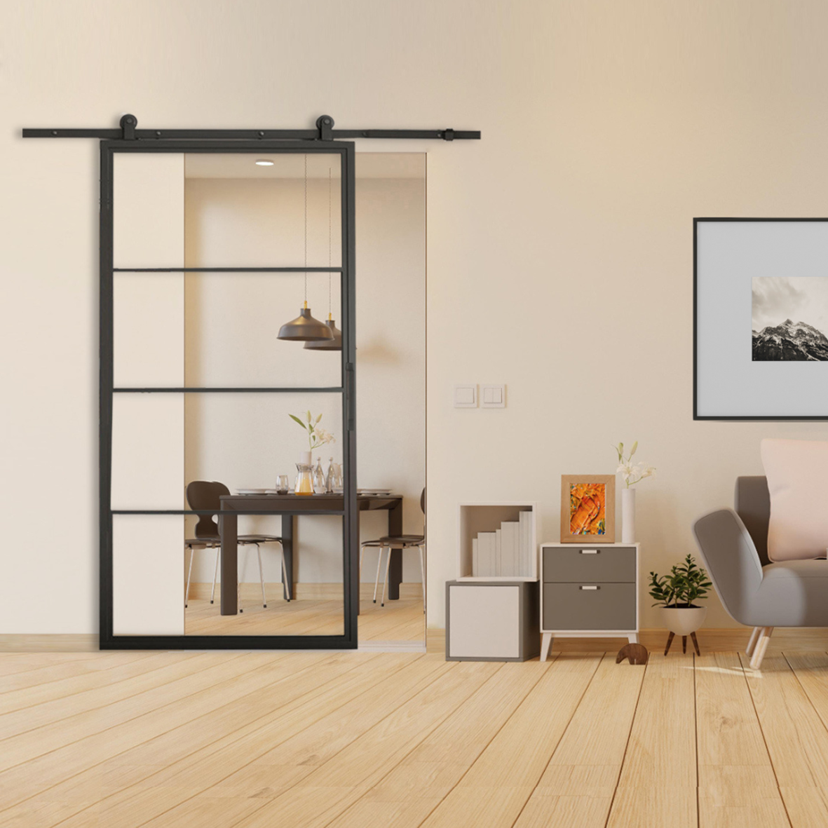 Schuifdeur staal 4 vaks met helder glas 100x215 cm