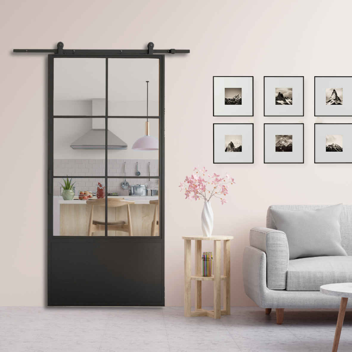 Schuifdeur staal 6 vaks kickplate met helder glas 100x215 cm