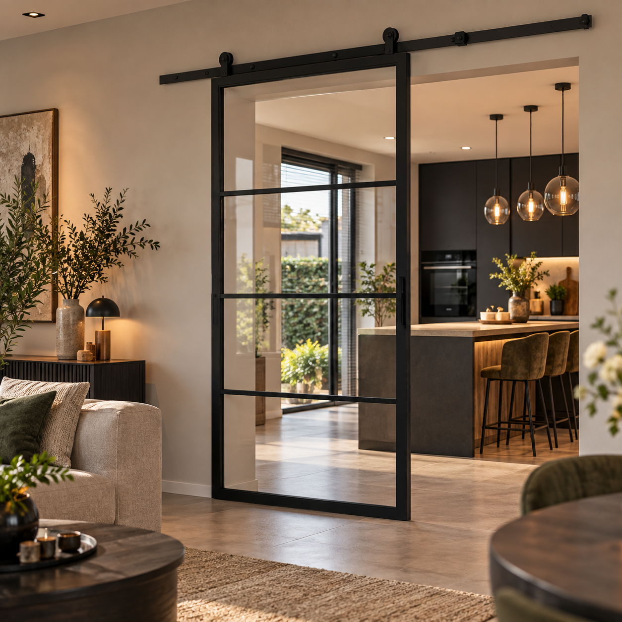 Schuifdeur staal 4 vaks met helder glas 100x215 cm